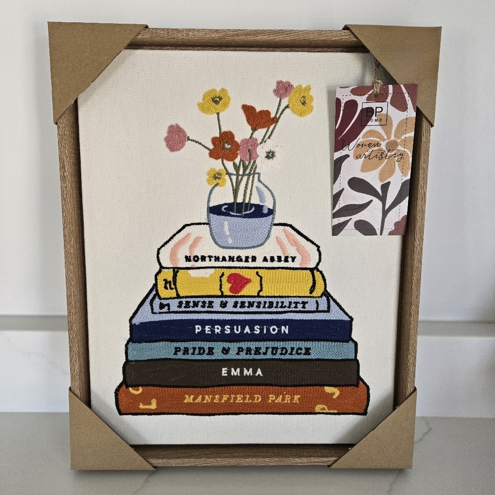 Book Print  BP Home Embroidered Woven Stack Of Books Wall Art Book Lovers NEW